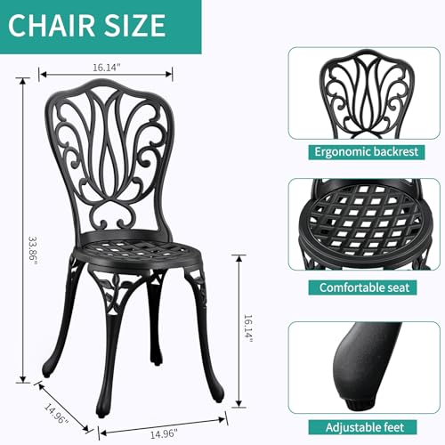 ZOTORUN 3-Piece Outdoor Bistro Set Cast Aluminum Patio bar Set with Umbrella Hole, Balcony, Backyard(Black, Butterfly)