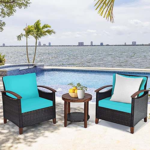 Tangkula 3 Pieces Patio Furniture Set, Outdoor Rattan Sofa and Side Table w/Solid Acacia Wood Frame, High Load Bearing Conversation Bistro Set w/Washable and Removable Cushions (Turquoise)