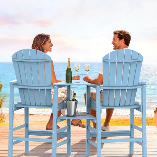VINGLI Tall Adirondack Chairs Set of 2, All Weather HDPE Bar Height Adirondack Chair with Double Trays, Adirondack Barstools for Balcony, Poolside, Backyard and Patio (Blue)