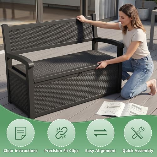 MAIUSCOLI 80 Gallon Outdoor Storage Bench Waterproof Resin Lockable UV Resistant Deck Box Benches Furniture Outside Porch Patio Pool Garden Tool Cushion Black