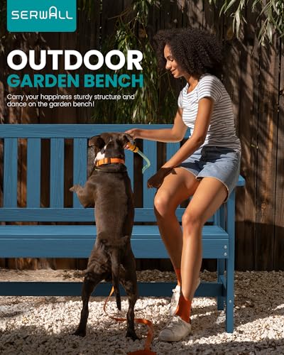 SERWALL Outdoor Bench, HDPE Outdoor Benches Weatherproof, 2-Person Garden Bench with 660 lbs Weight Capacity, Patio Benches for Outdoors, Garden, Porch, Backyard and Park, Navy Blue