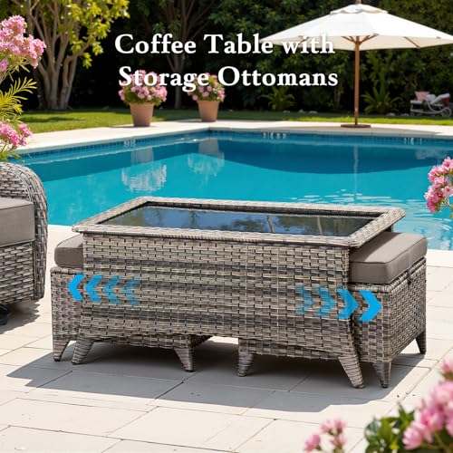 Belord Luxury 6" Thick Cushioned 11 Pieces Patio Furniture Set with Outdoor Couch, Wicker Outdoor Conversation Set with High Back Swivel Rocker Chairs for Deck Porch Yard and Poolside - Grey+Grey