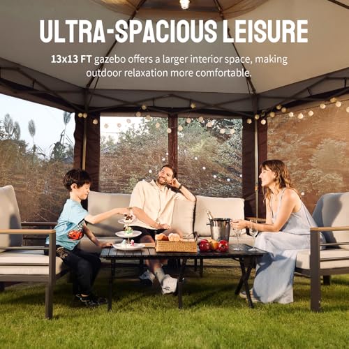 CROWN SHADES 13x13 Pop Up Gazebo with Mosquito Nettings, Patented CENTERLOK 6-Sided Portable Gazebo, 300D Silver-Coated Fabric UV Resistant, Pop Up Canopy Tent for Patio, Party, Beige&Coffee