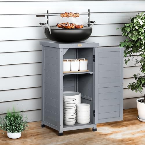 HABAU Outdoor Storage Cabinet, Potting Bench Table with Metal Tabletop & Shelves, Wooden Planting Workstation for Patio Garden, Weatherproof