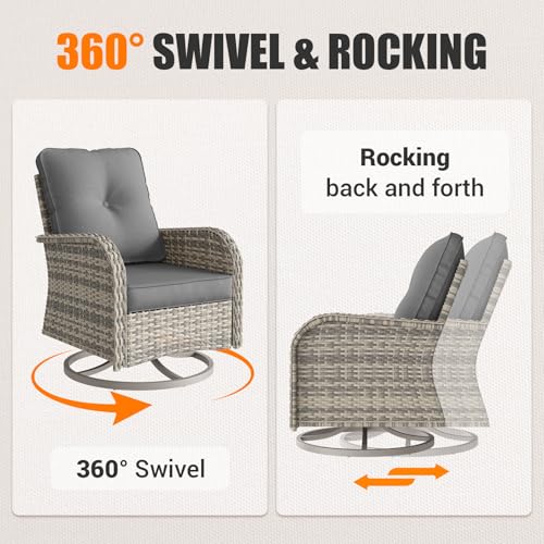 Muphyers 10-Piece Outdoor Patio Furniture Set with Rocking Swivel Chair, PE Wicker Rattan Sectional Sofa Patio Conversation Set with 55,000 BTU Fire Pit Table & Coffee Table, Grey