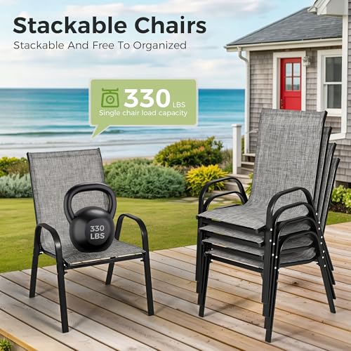 PATIOPIA 7-Piece Outdoor Dining Set, All Weather Patio Table and Chairs Set with Umbrella Hole for 6, Rectangular Steel Slat Table and 6 Textilene Chairs for Garden, Backyard, Poolside and Deck, Grey