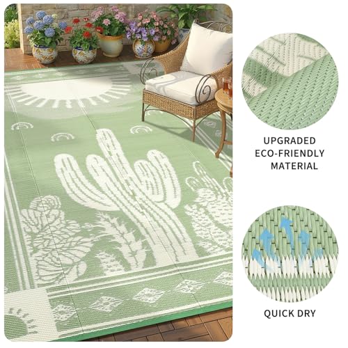 Garvee Reversible Cactus Outdoor Rug 8x10 for Patio, Waterproof Outdoor Area Rug, Modern Desert Botanical Indoor Outdoor Rugs, Plastic Straw Rug for RV, Camping, Deck, Sage Green & Beige