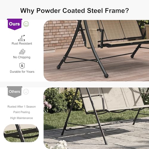 PURPLE LEAF 3-Seat Patio Swing with Stand and Meatl Steel Frame Porch Swing with Adjustable Tilt Canopy All-Weather Outdoor Swing Chair Seat for Backyard Garden Deck Balcony (Khaki)