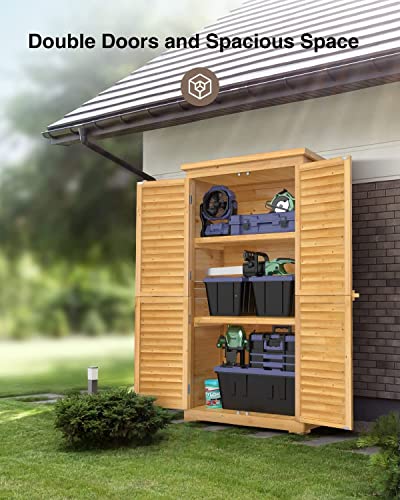 Bealife 63.2" Outdoor Storage Cabinet with Double Doors, Lockable Vertical Storage Shed with 3 Shelves Organizer, Waterproof Fir Wood Tool Closet Shed for Garden, Backyard, Patio, and Lawn -Natural