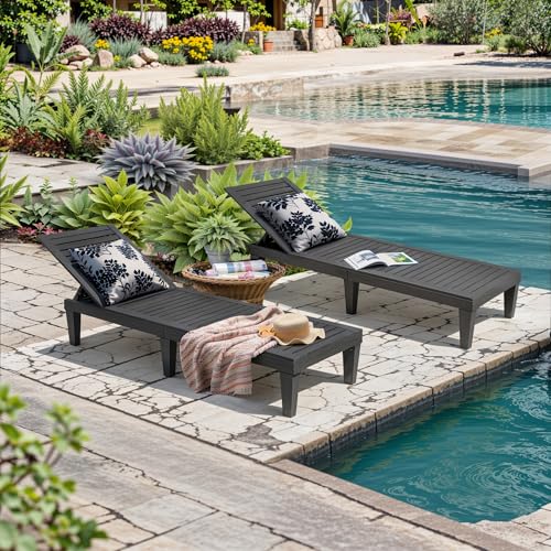 NBYSGO Outdoor Lounge Chairs Set of 2, 5-Position Adjustable Tanning Chairs with Wood Grain, All-Weather Resin Patio Recliners for Pool, Garden, Deck, Beach, Patio Lounge Chairs, Texture Black