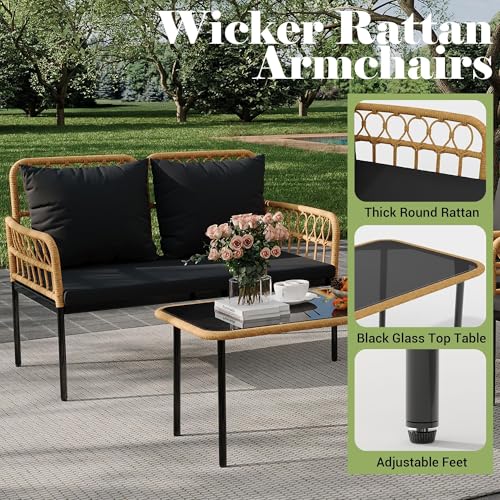 TrailBlaze 4 Piece Patio Conversation Set with Loveseat, Boho Wicker Outdoor Furniture with Glass Side Table & Detachable Cushions, All-Weather Balcony Set for Backyard Porch - Black