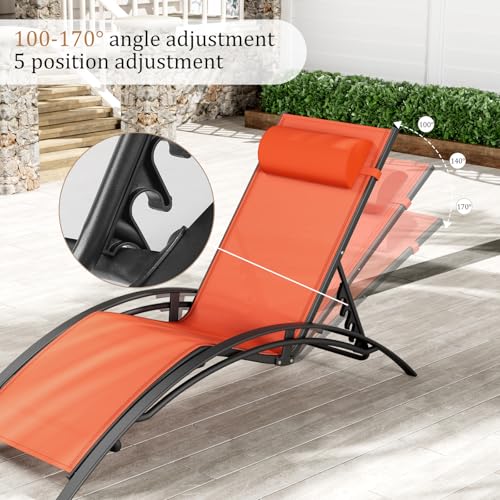 AthLike 3 pcs Poolchairs Patio Chaise Lounge Set with Headrest, 5-Level Adjustable Sunbathing Tanning Poolside Recliner Chairs with Side Table for Outdoor Beach (Orange)