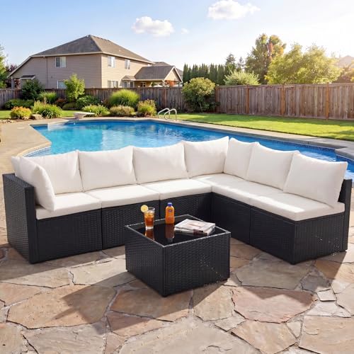 Sweetcrispy 7-Piece Outdoor Patio Sectional Sofa, Modular PE Wicker Outdoor Sectional with Thick Cushions, Rattan Patio Sofa Set with Coffee Table for Backyard, Poolside, Garden, Deck, Black