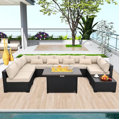 Rattaner 10 Pieces Outdoor Sectional All-Weather Wicker Patio Furniture Set Patio Sectional and Steel Fire Table and Glass Patio Table Non-Slip Cushions and Waterproof Covers, Khaki