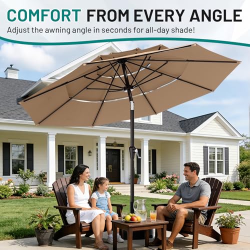 AreShark 9ft 3-Tier Patio Umbrellas, Outdoor Umbrella with 8 Sturdy Ribs UV Protection Windproof, Market Table Umbrella w/Push Button Tilt & Crank for Pool, Porch, Deck, Garden(Beige)