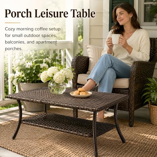 HUMMUH 42-inch 2-Tier Outdoor Patio Coffee Table, Brown PE Rattan Center Table with Powder-Coated Metal Frame for Garden, Backyard, Porch Storage
