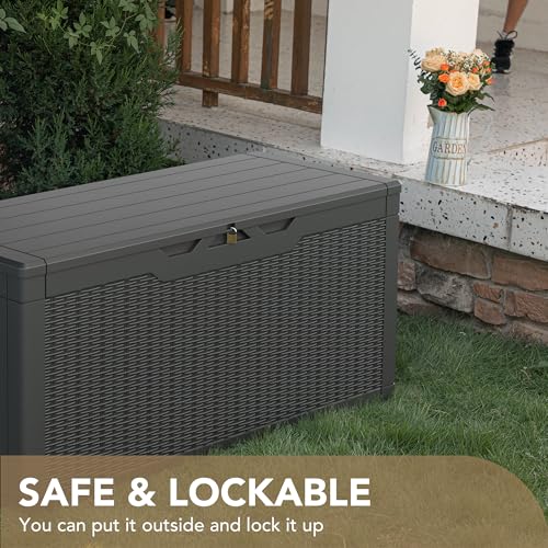 Devoko 100 Gallon Waterproof Large Resin Deck Box Indoor Outdoor Lockable Storage Container for Patio Furniture Cushions Garden Tools (100 Gallon, Grey)