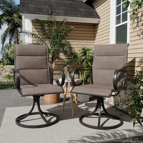 MELLCOM Patio Swivel Chair Set of 2, High Back Padded Textilene Outdoor Dining Chairs with E-Coating Metal Frame, All-Weather Outdoor Furniture Rocker for Backyard, Porch, Garden, Lawn, Brown