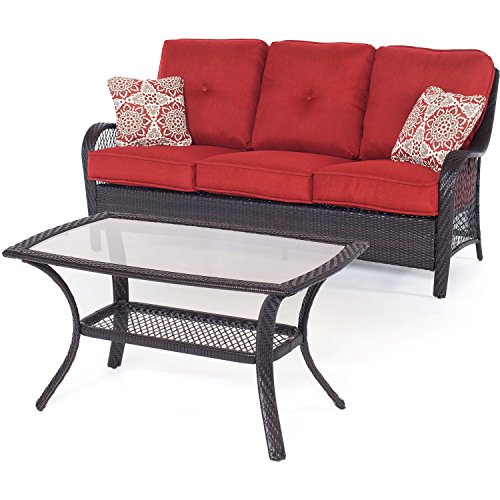 Hanover Orleans 2-Piece Steel Outdoor Patio Deep Seating Set with Brown Wicker, Sofa, Autumn Berry Red Cushions, 2 Pillows and Glass Top Rectangular Coffee Table