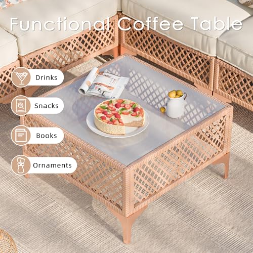 Vikiullf Patio Conversation Sets, 7 Piece Outdoor Furniture Set with Thick Cushions, Wicker Sectional Sofa Set with Coffee Table for Backyard, Poolside, Garden (Beige)