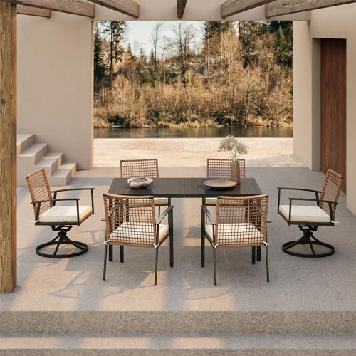 LAUSAINT HOME 7 Pieces Patio Dining Set, Outdoor Furniture Set of 6 Wicker Chairs (2 of Them Swivel) with Soft Cushion and Iron Slats Table Top with Umbrella Hole, Conversation Set for Backyard