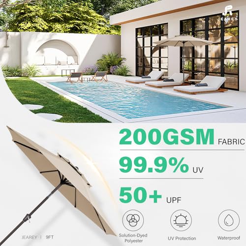 JEAREY 9 ft 2-Tiers Patio Umbrellas Outdoor Table Market Umbrella w/Push Button Tilt/Crank, 8 Sturdy Ribs, UV Protection Waterproof Sunproof(Beige)