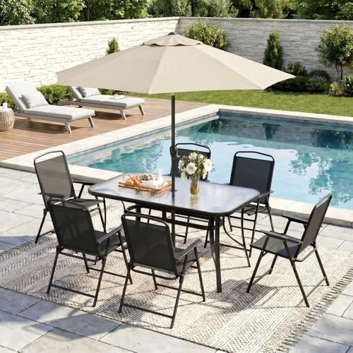TLSUNNY 7 Piece Patio Dining Set for 6, Outdoor Table and Chairs W/1.69" Umbrella Hole & Metal Frame, 30"X 55" Rectangular Glass Table and Patio Textilene Folding Chair W/Armrests, for Deck (Black)