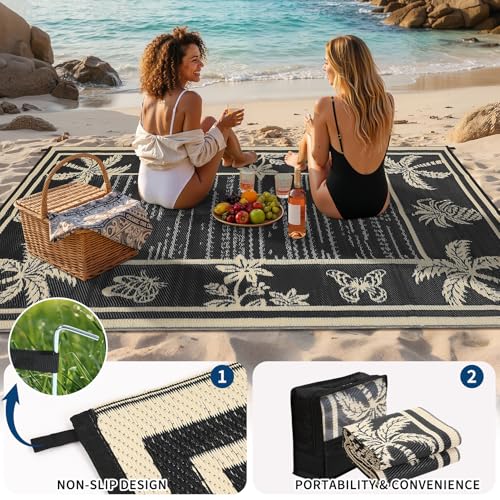 Garvee Outdoor Rug 5x8 Waterproof for Patios, Reversible Plastic Straw Rug, Tropical Leaf Indoor Outdoor Rugs, Large Area Rug for RV, Camping, Deck, Picnic Mat, Outside Carpet, Black & Brown