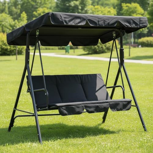 GarveeLife 3-Person Outdoor Porch Swing Chair with Adjustable Canopy, Breathable Fabric Seat and Backrest, Armrests, Heavy-Duty Frame, 600 lbs Capacity, for Patio, Backyard or Garden, Black