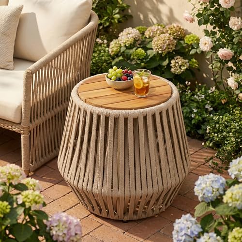 Christopher Knight Home Outdoor Side Table with Rope and Acacia Wood - Teak Finish, 100 LBS Capacity, Weather-Resistant Rope Design for Patio, Deck, Balcony - 21.26" W x 18.11" H, Beige