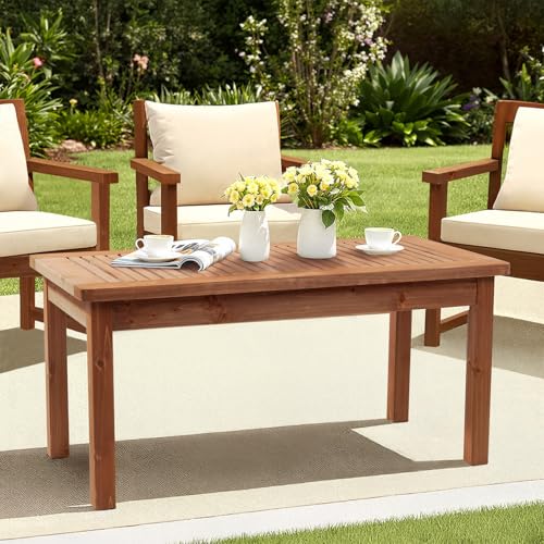 VINGLI Outdoor Wood Coffee Table, 35" Farmhouse Side Table for Patio, Solid Cedar Wood Accent Table with Slatted Tabletop, Weather-Resistant End Table for Garden, Poolside, Lawn, Living Room (Brown)