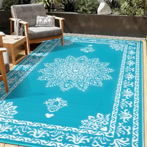 Outdoor Rug 5x8 Ft, Waterproof Plastic Straw Patio Rug, Reversible Backyard Carpet UV Resistant Portable RV Mat Clearance, Large Indoor Outdoor Rug for Patio, Porch, Deck, Balcony, Teal