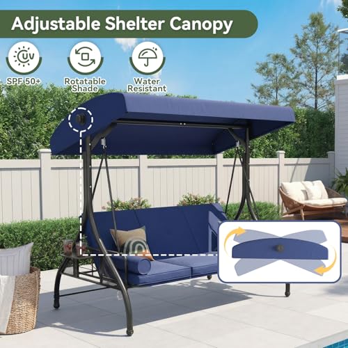 Aoxun Outdoor Porch Swing with Stand and Canopy, 3 Seats Outdoor Swings for Adults, Convertible 2 in 1 Swing Bed with Cup Holder, Patio Swings with Thicken Cushions for Garden, Yard & Balcony, Blue