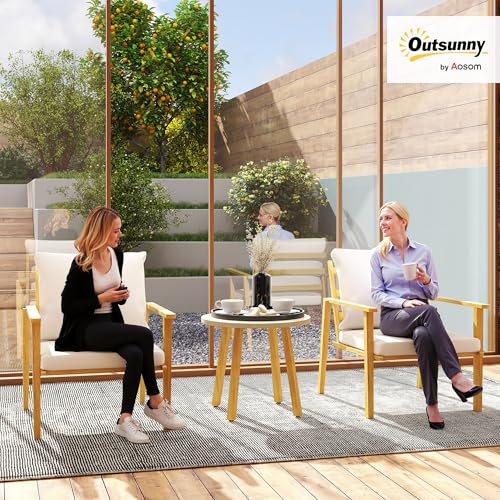 Outsunny Outdoor Bistro Set, 3 Piece Patio Set, Wood Effect Steel Round Table and Chairs with Wide and Deep Seat, Small Conversation Patio Furniture with Cushions for Backyard, Porch, Cream White