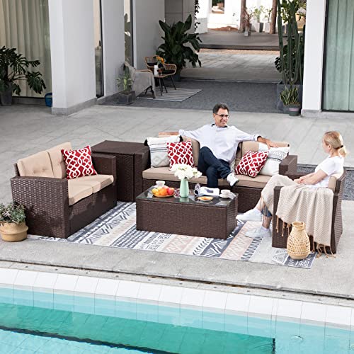 Super Patio 8 Pieces Outdoor Patio Furniture Set, Wicker Patio Conversation Sets with Storage Box, Rattan Outdoor Sectional Sofa Set with Cushions and Coffee Table for Outside Porch, Deck, Brown