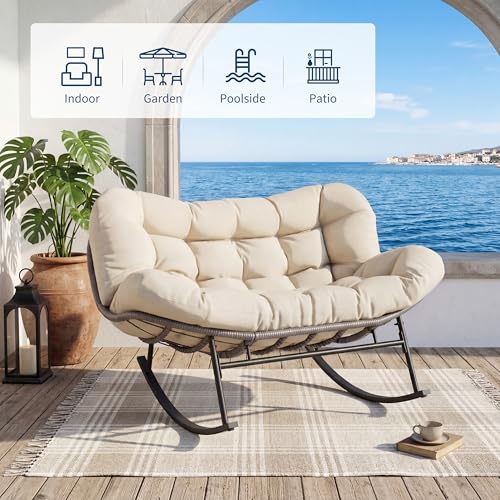 Outdoor Double Rocking Chair with Ottoman, 700 LBS Heavy-Duty Wicker Loveseat Rocker, 30° Anti-Slip Rocking Design, Beige Cushioned Patio Rocking Egg Chair Set for Porch, Backyard, Living Room