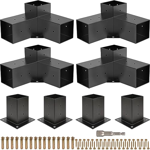 Grehitk Pergola Kit, Pergola Brackets 3-Way Right Angle Corner Bracket Woodworks DIY Post Base Kit, Wooden Beams for Gazebos Patio Pergolas Log Cabin