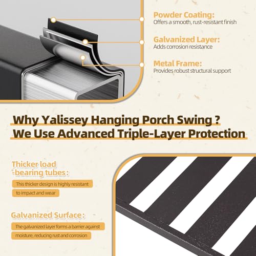 Yalissey 3 Seat Hanging Porch Swing, Patio Swing Bench with Cup Holders & 3 Back Cushions, Swing Chair with Chains for Deck Garden Backyard,Beige(60-Inch Width)