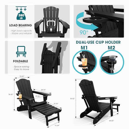 THOEOE Folding Adjustable Adirondack Chairs with Ottoman & 1 Cup Holders, HDEP Multifunctional Adirondack Chair with Footrest,Black