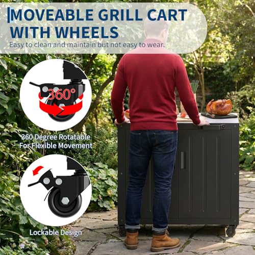 Outdoor Grill Cart with Storage Cabinet, Outdoor Cooking Table, Made Entirely of Stainless Steel, Grill Station for Kitchen Prep, Working Table, Lawn & Garden