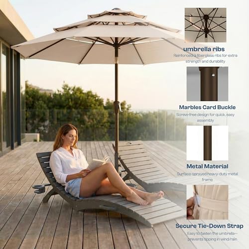 Patio Kingdom 10ft Patio Umbrella, 3 Tier Outdoor Market Table Umbrellas with 8 Fiberglass Ribs and Push Button Tilt, Windproof, Vented Canopy, UV Protection for Deck, Pool, Backyard, Beige