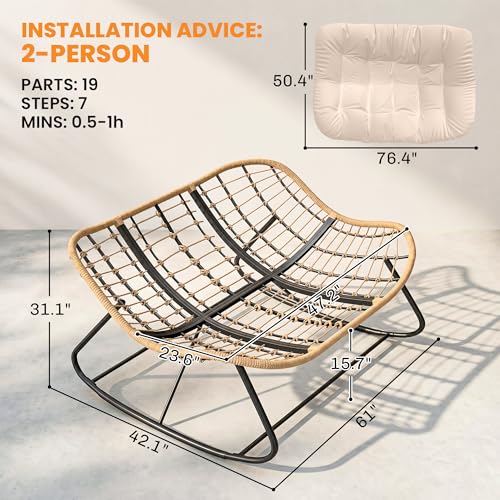 Outsunny Double Papasan Rocking Chair, Wicker Oversized Indoor Outdoor Rocking Papasan Chair with Cushion, PE Rattan Outdoor Rocker Egg Chairs for Living Room, Garden, Patio, Balcony, Cream White