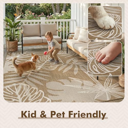 MontVoo-Outdoor Rug-Patio Rug 5x7 ft Polypropylene Indoor Outdoor Rugs Outdoor Carpet for Patio Deck Balcony Porch, Textured Weave, Durable for High Traffic, Fade-Resistant, Tropical Neutral Brown