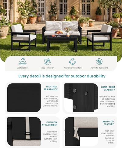 SERWALL 2 Pieces Single Cushioned Sofa Armchair, Black HDPE Adirondack Outdoor Sofa Lounge with Khaki Cushion