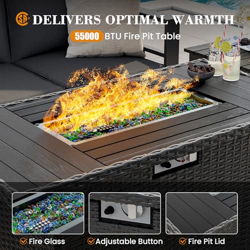 UDPATIO Aluminum Outdoor Furniture Set with 2 Ottomans and Fire Pit Table, 7 Pieces All-Weather & UV-Resistant Patio Sectional Sofa Set for Deck, Backyard, Poolside, Dark Gray
