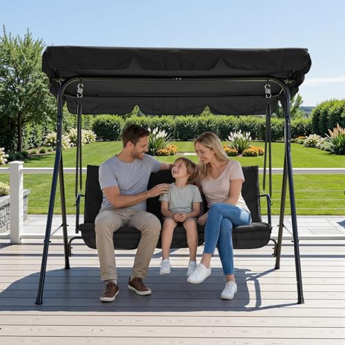 GarveeLife 3-Person Outdoor Porch Swing Chair with Adjustable Canopy, Breathable Fabric Seat and Backrest, Armrests, Heavy-Duty Frame, 600 lbs Capacity, for Patio, Backyard or Garden, Black
