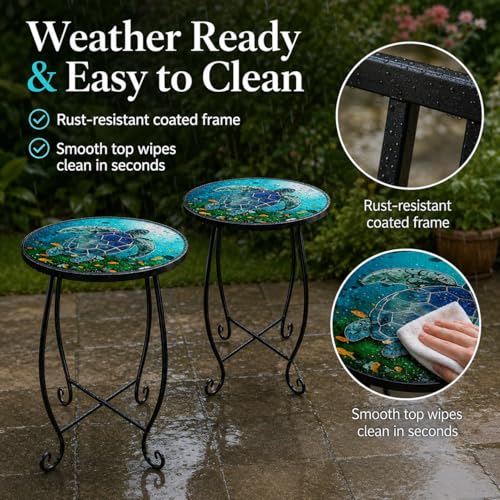 Kaesithar 2-Pack 15 Inch Tall Mosaic Patio Side Tables Style, Metal Folding Turtle Table Set, Shatterproof Outdoor Patio Table for Porch Deck, Rust Resistant Small Garden Table (Set of 2)