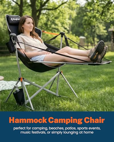 KingCamp Hammock Chair with Footrest – Heavy Duty Swinging Rocking Camping Chairs for Adults up to 400lbs, Folding Portable Oversized Rocker with Cup Holder & Pillow for Outdoor Beach Lawn RV Sports