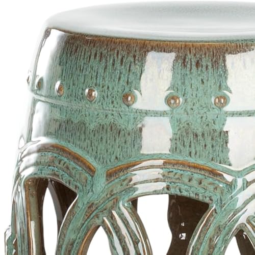 SAFAVIEH Furniture - Double Coin Decorative Garden Stool - Antique Blue - Ceramic - Artisan Chinoiserie Design - Ideal for Living Room, Patio, Garden - Fully Assembled (ACS4500A)