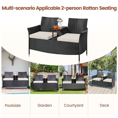 Yaheetech Patio Loveseat, Outdoor Wicker Double Chair w/Side Table, PE Rattan Furniture Set for Two People, Love Seat w/2 Removable Cushions & 1 Tempered Glass Side Table, Black/Beige